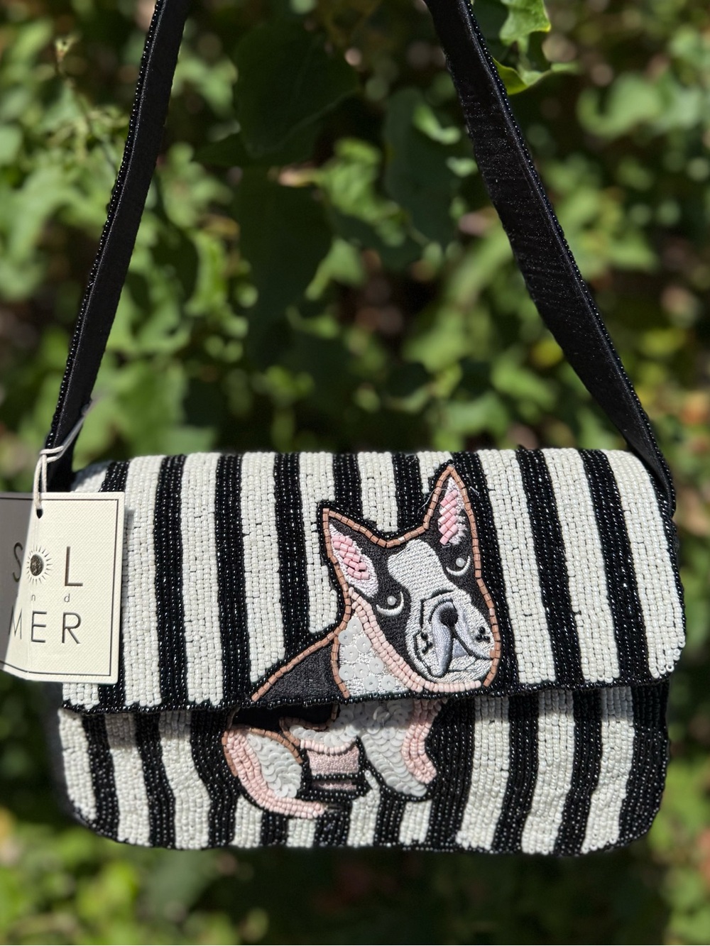 NWT Sol and Mer French Bulldog Dog Striped Black White Fall Beaded Shoulder Bag